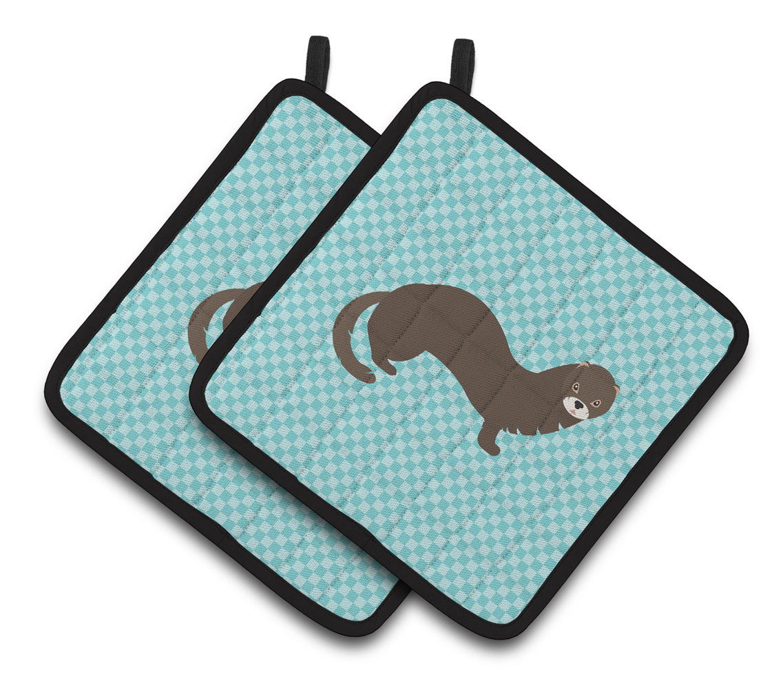 Russian or European Mink Blue Check Pair of Pot Holders