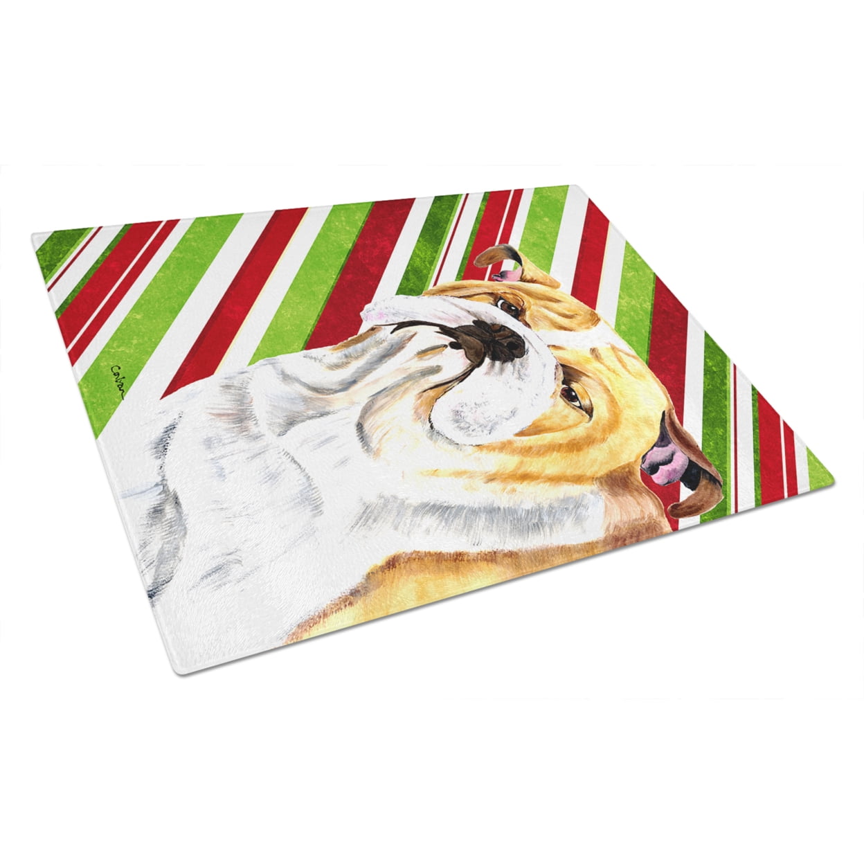 Caroline's Treasures SC9334LCB Bulldog English Candy Cane Holiday Christmas Glass Cutting Board Large, 12H x 16W,