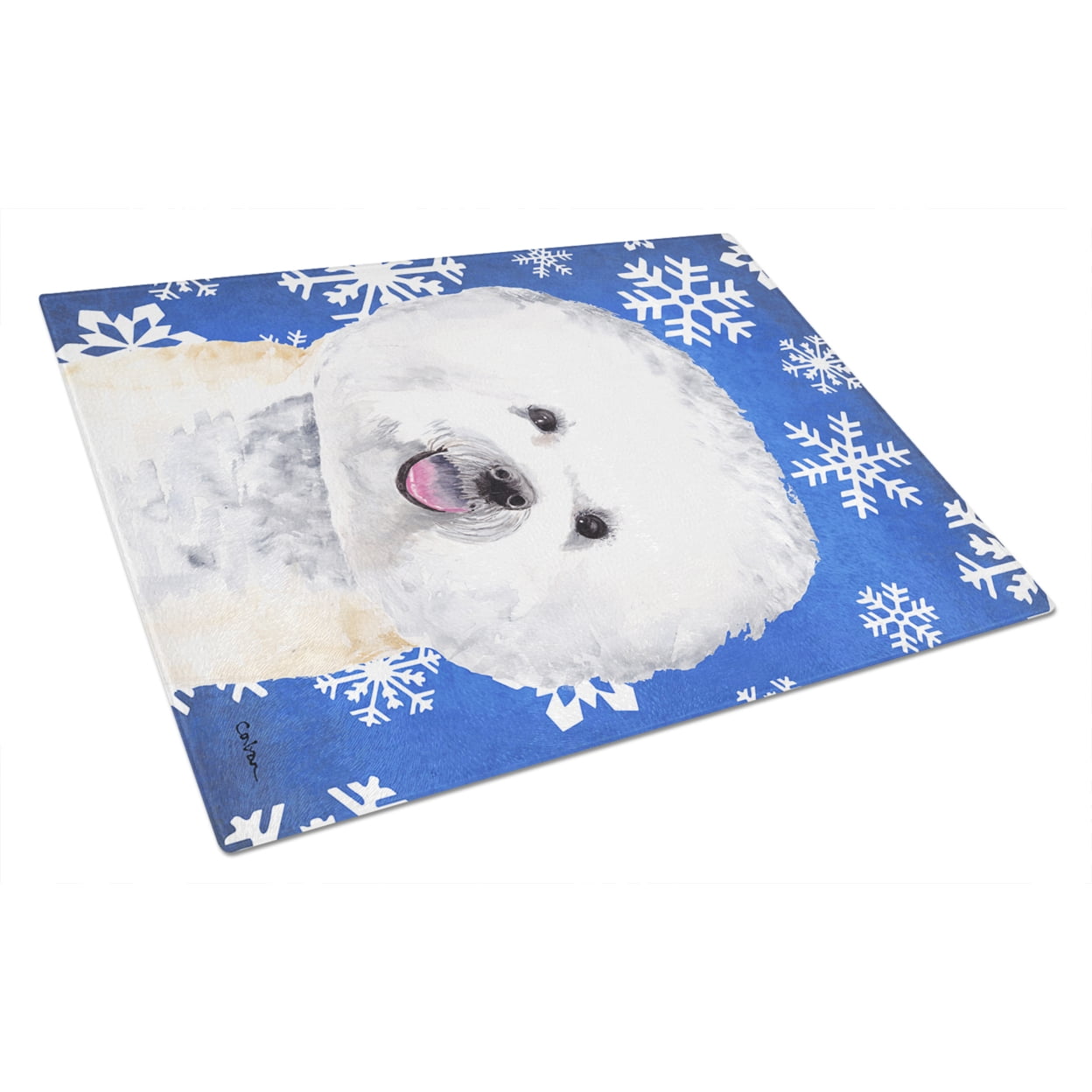 Caroline's Treasures SC9362LCB Bichon Frise Winter Snowflakes Holiday Glass Cutting Board Large, 12H x 16W, multicolor
