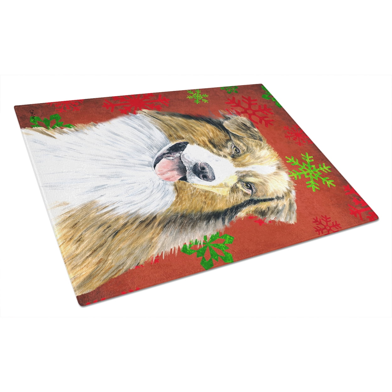 Caroline's Treasures SC9437LCB Australian Shepherd Red Green Snowflakes Christmas Glass Cutting Board Large, 12H x 16W,