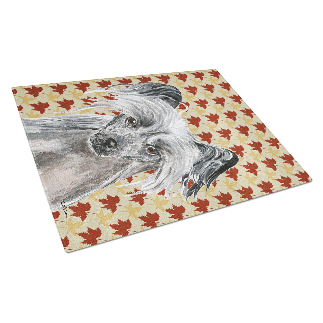 Caroline's Treasures SC9550LCB Chinese Crested Fall Leaves Glass Cutting Board Large, 12H x 16W, multicolor