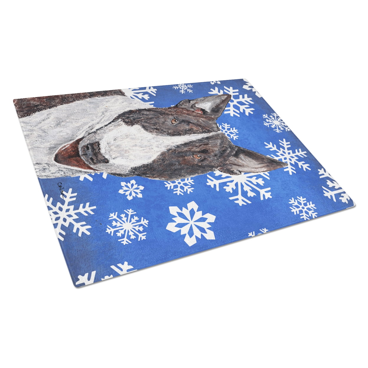 Caroline's Treasures SC9603LCB Bull Terrier Winter Snowflakes Glass Cutting Board Large, 12H x 16W, multicolor