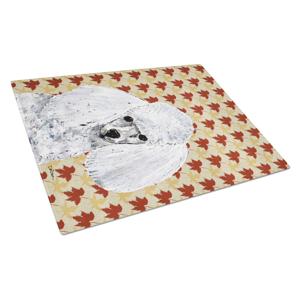 Caroline's Treasures SC9677LCB White Toy Poodle Fall Leaves Glass Cutting Board Large, 12H x 16W, multicolor
