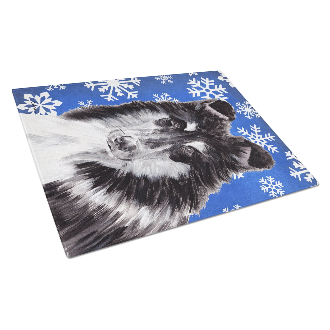 Caroline's Treasures SC9774LCB Black and White Collie Winter Snowflakes Glass Cutting Board Large, 12H x 16W, multicolor