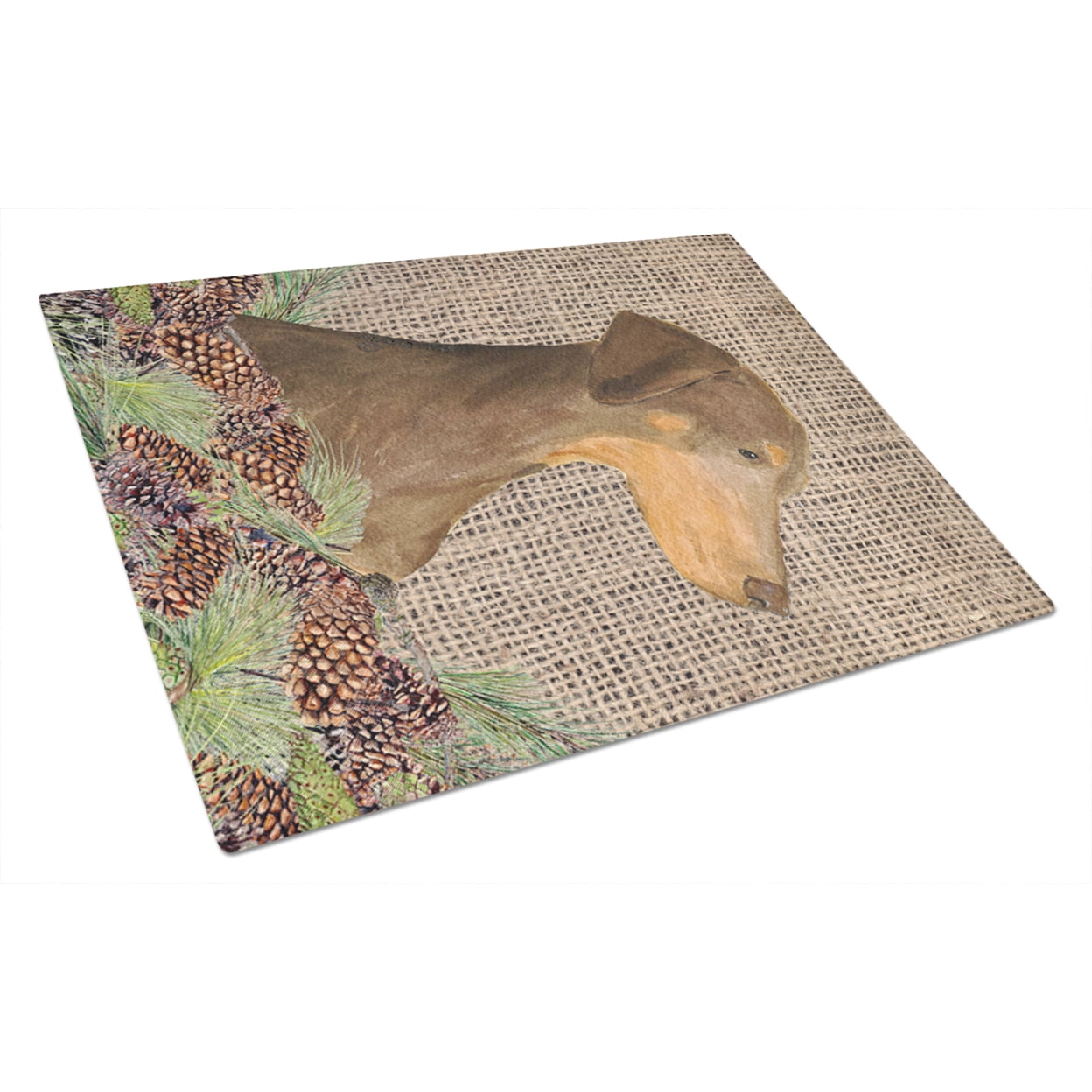 Caroline's Treasures SS4070LCB Doberman on Faux Burlap with Pine Cones Glass Cutting Board Large, 12H x 16W, multicolor