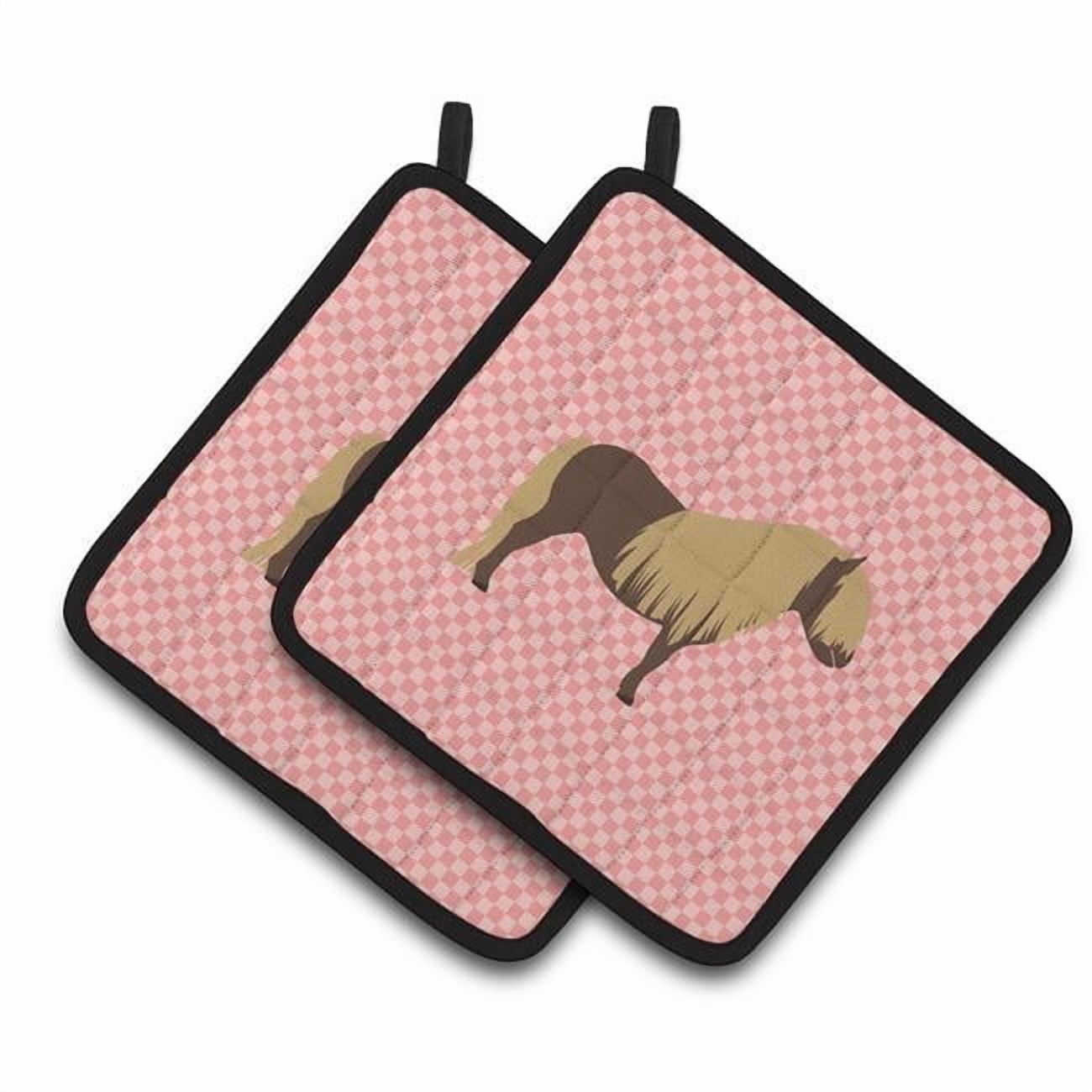 Caroline's Treasures Shetland Pony Horse Pink Check Pair of Pot Holders