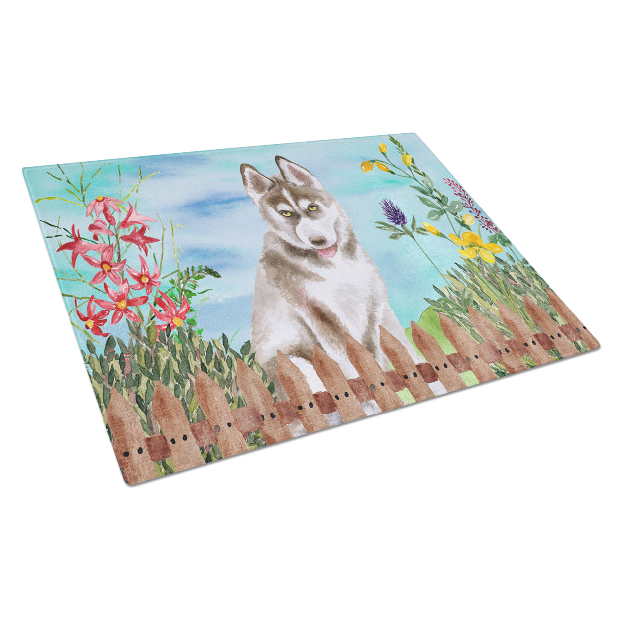 Caroline's Treasures Siberian Husky Grey Spring Glass Cutting Board Large