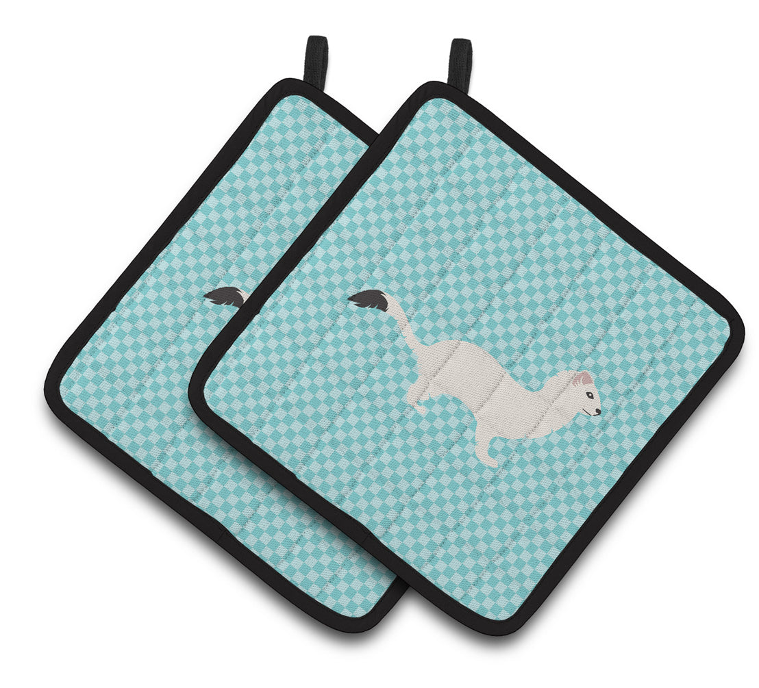 Stoat Short-tailed Weasel Blue Check Pair of Pot Holders