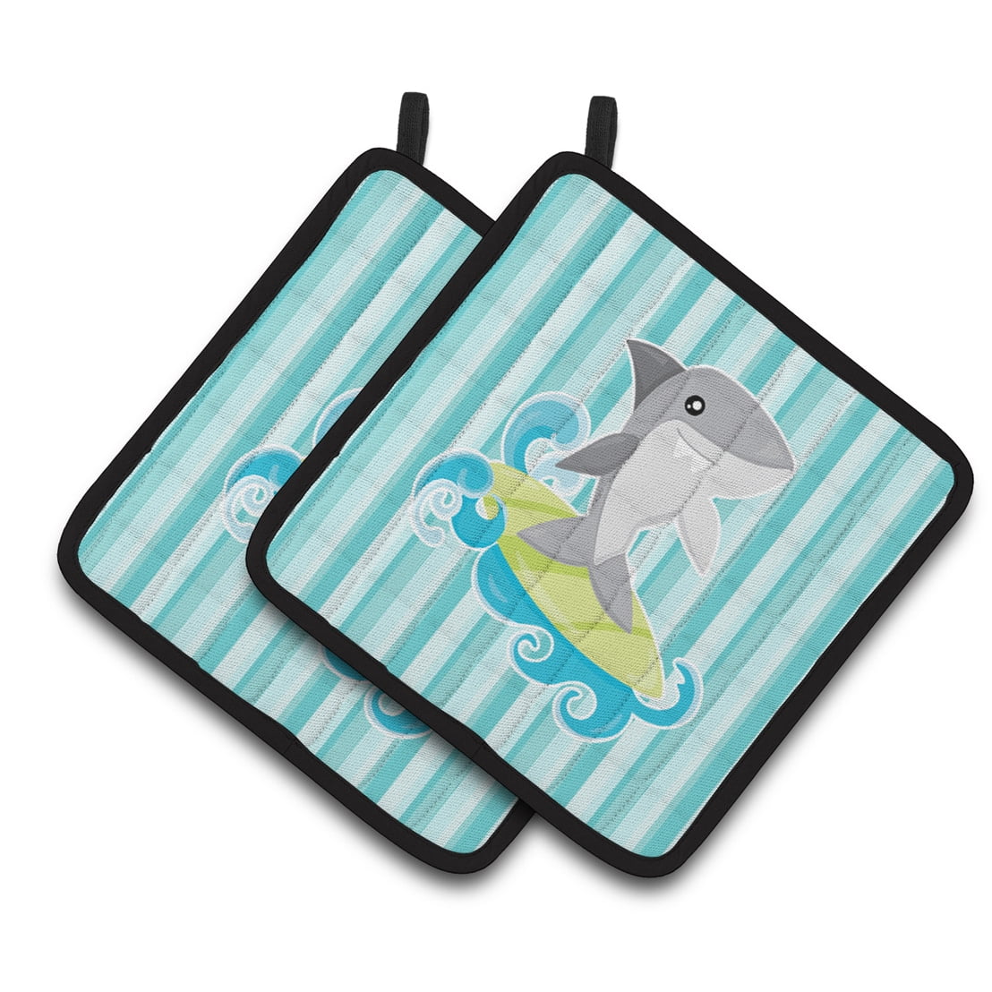 Caroline's Treasures Surfin Shark on Stripes Pair of Pot Holders