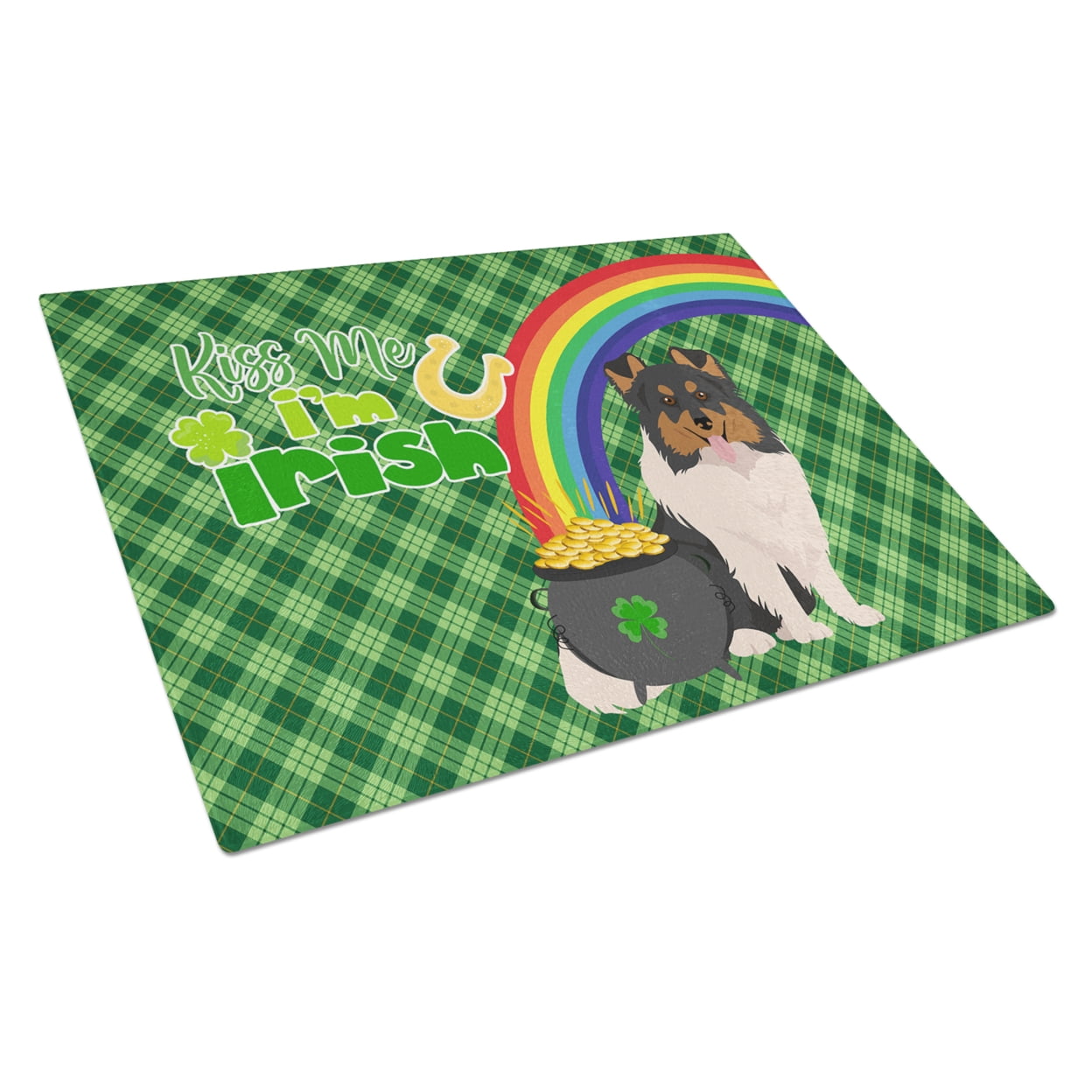 Caroline's Treasures WDK4901LCB Tricolor Sheltie St. Patrick's Day Glass Cutting Board Large, 12H x 16W, multicolor