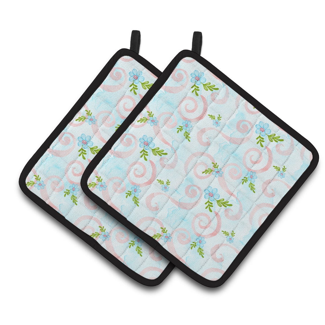 Caroline's Treasures Watercolor Blue Flowers and Swirls Pair of Pot Holders