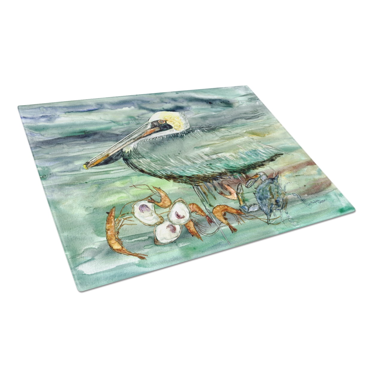 Caroline's Treasures Watery Pelican, Shrimp, Crab and Oysters Glass Cutting Board Large