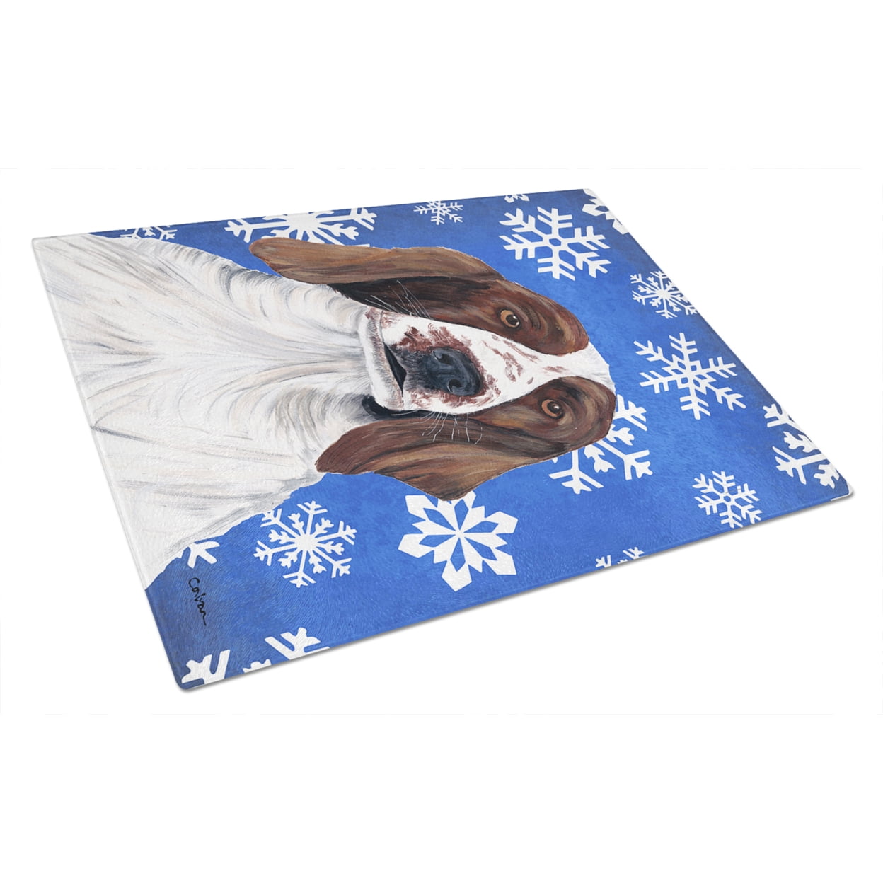 Caroline's Treasures Welsh Springer Spaniel Winter Snowflakes Holiday Glass Cutting Board Large