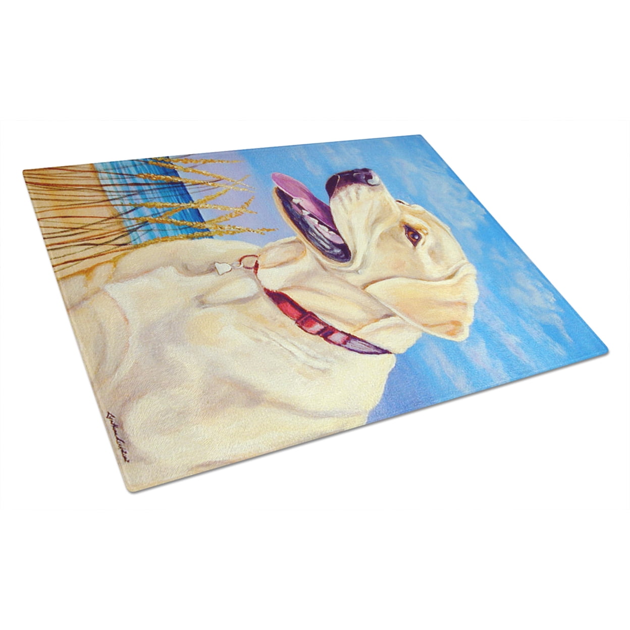 Caroline's Treasures Yellow Labrador at the beach Glass Cutting Board Large