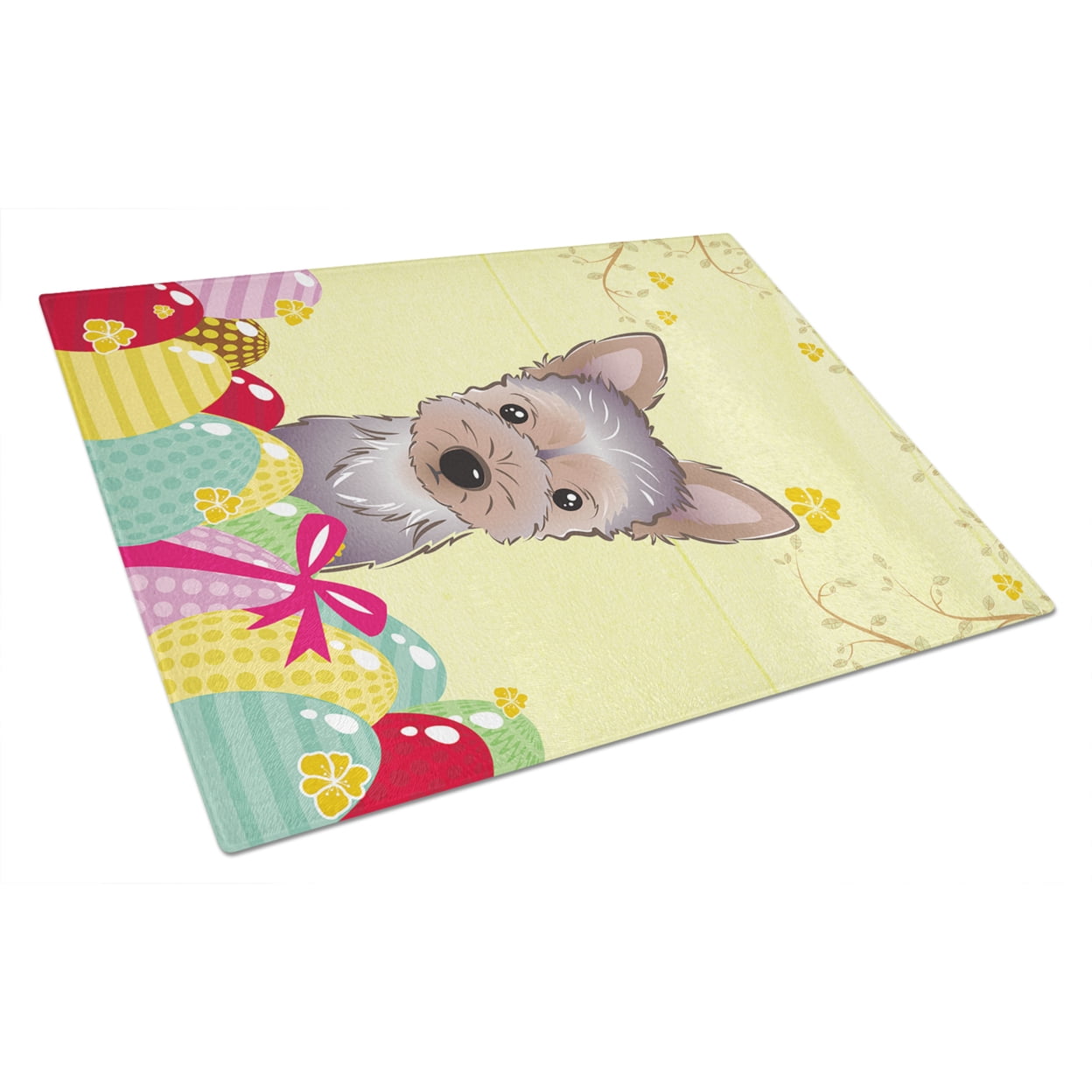 Caroline's Treasures Yorkie Puppy Easter Egg Hunt Glass Cutting Board Large
