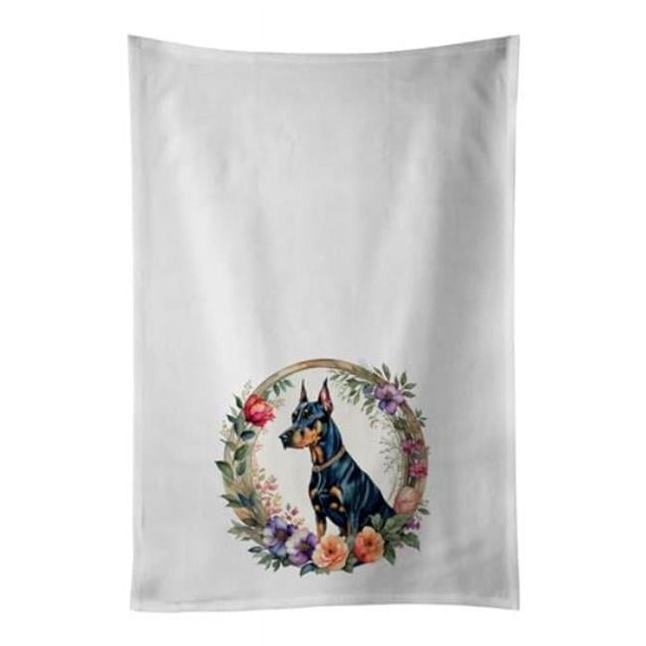 Doberman Pinscher and Flowers Kitchen Towel Set of 2 White Dish Towels 19 in x 28 in