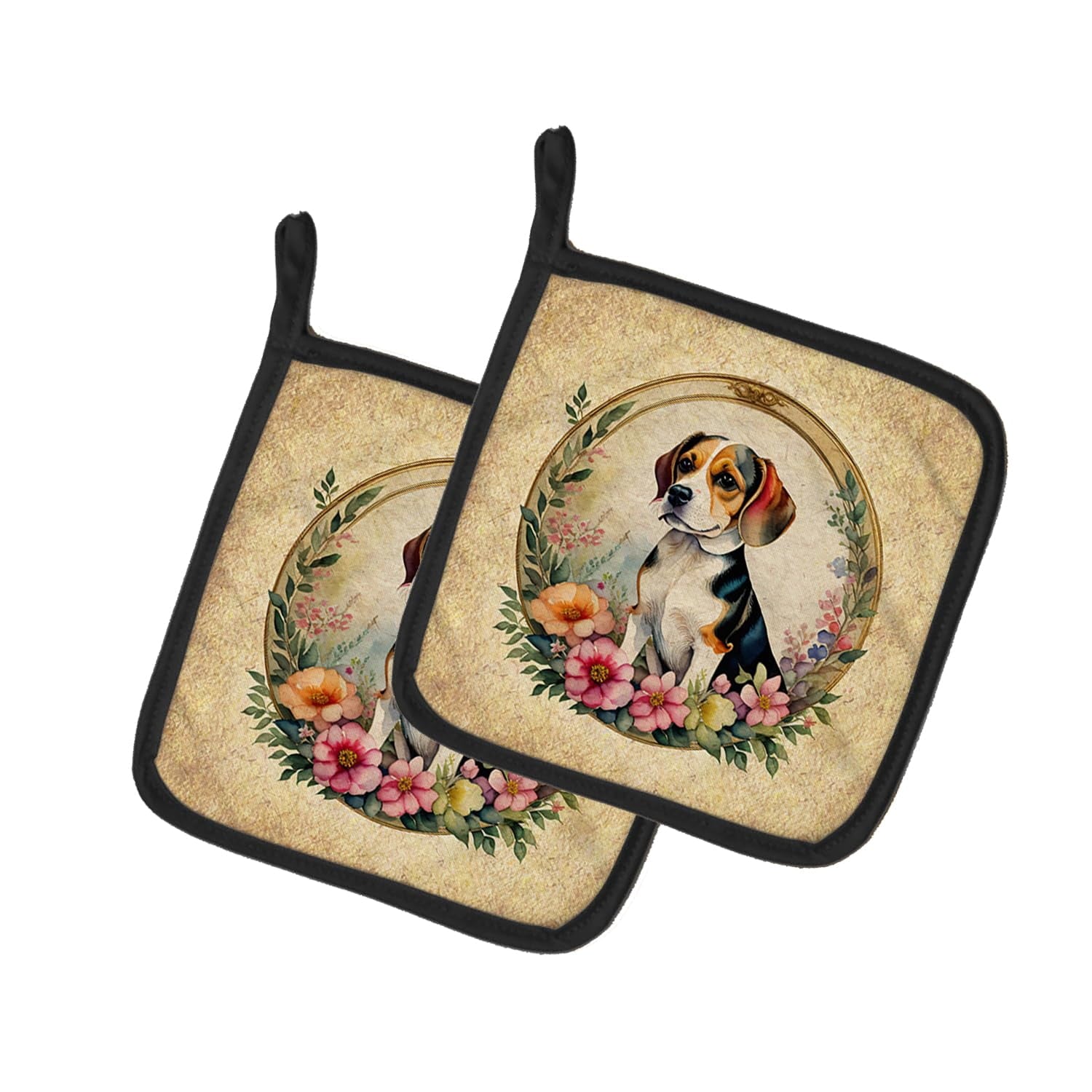 Carolines Treasures 0.3 x 7.5 x 7.5 in. Beagle & Flowers Pot Holders, Set of 2