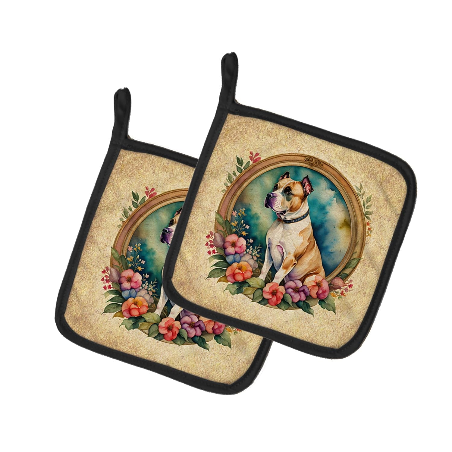 Carolines Treasures 0.3 x 7.5 x 7.5 in. Staffordshire Terrier & Flowers Pot Holders, Set of 2