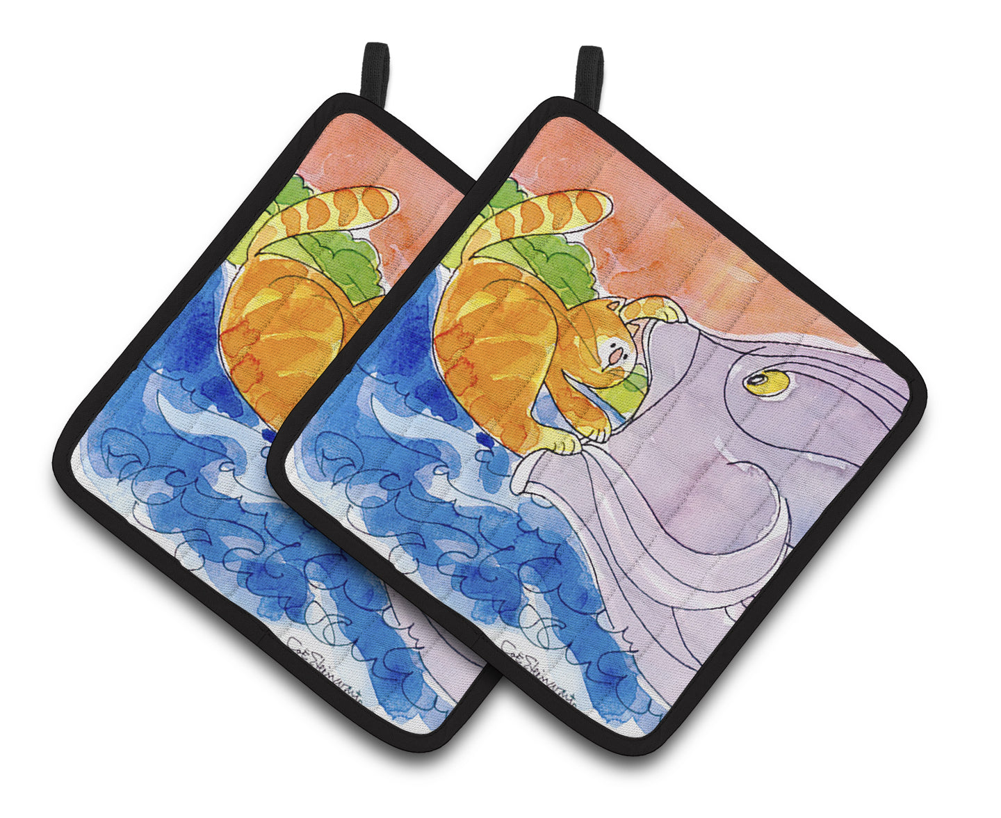 Carolines Treasures 6103PTHD Cat and the Big Fish Pair of Pot Holders , 7.5HX7.5W, multicolor