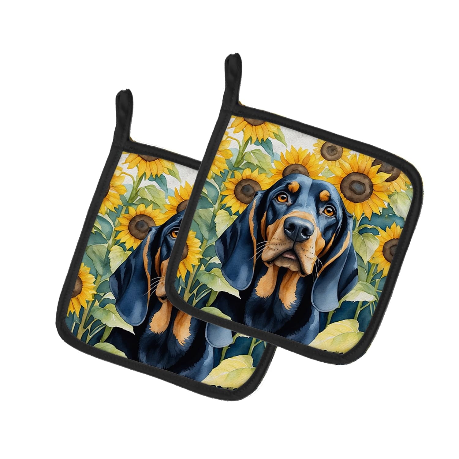 Carolines Treasures 7.5 x 7.5 in. Unisex Black & Tan Coonhound in Sunflowers Pair of Pot Holder