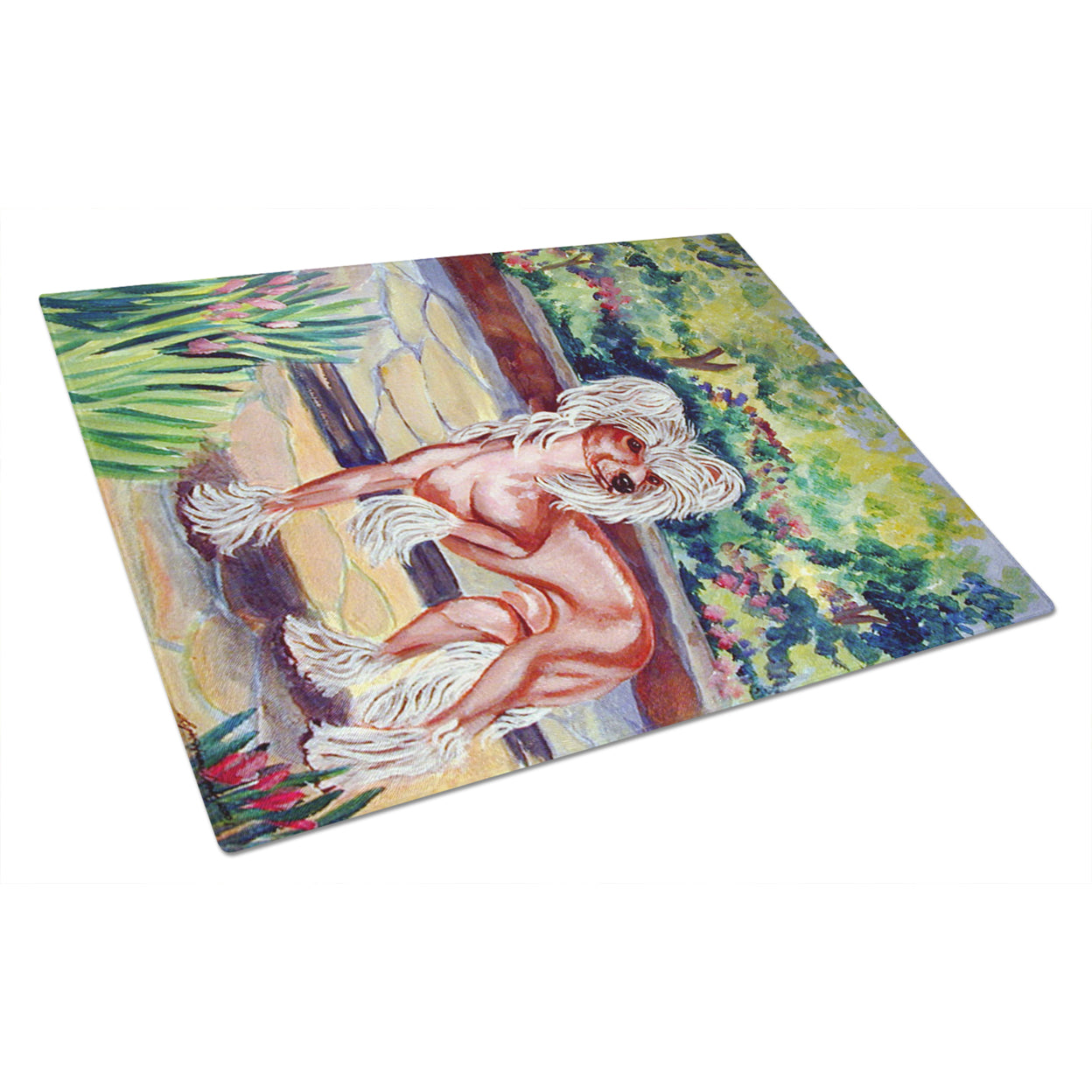 Carolines Treasures 7021LCB Chinese Crested on the Patio Glass Cutting Board Large, 12H x 16W, multicolor