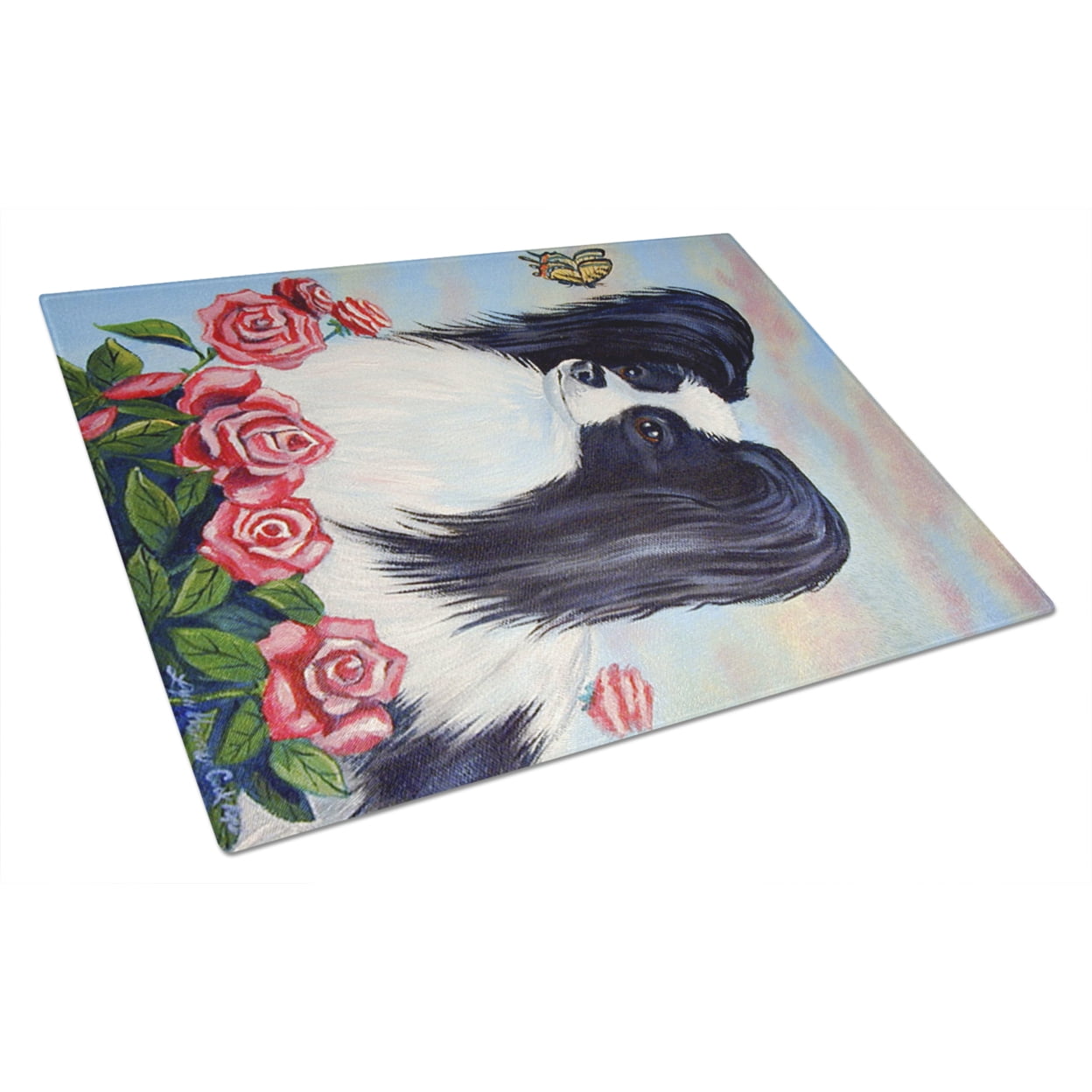 Carolines Treasures 7040LCB Black and White Papillon in Roses Glass Cutting Board Large, 12H x 16W, multicolor
