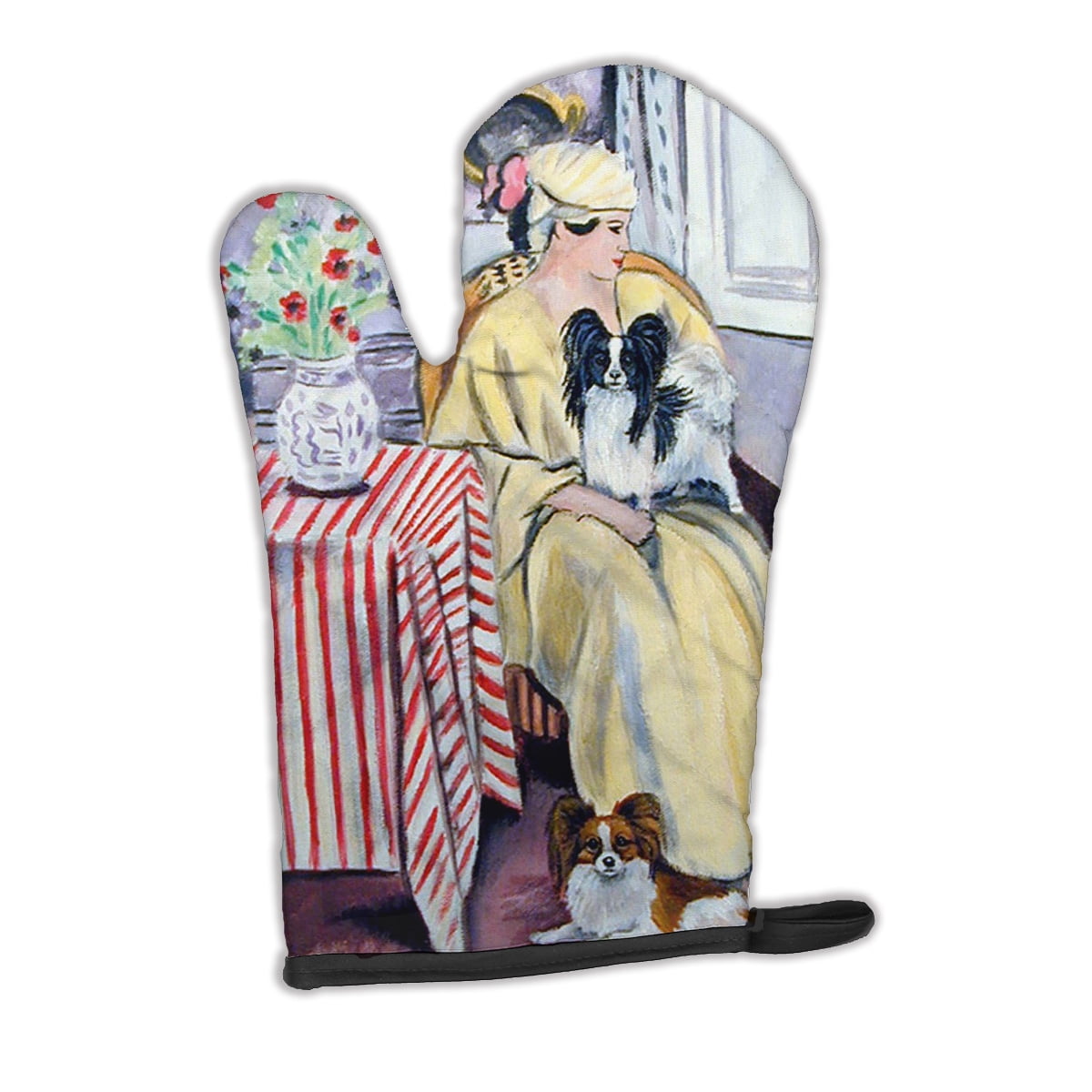 Lady with her Papillon Oven Mitt