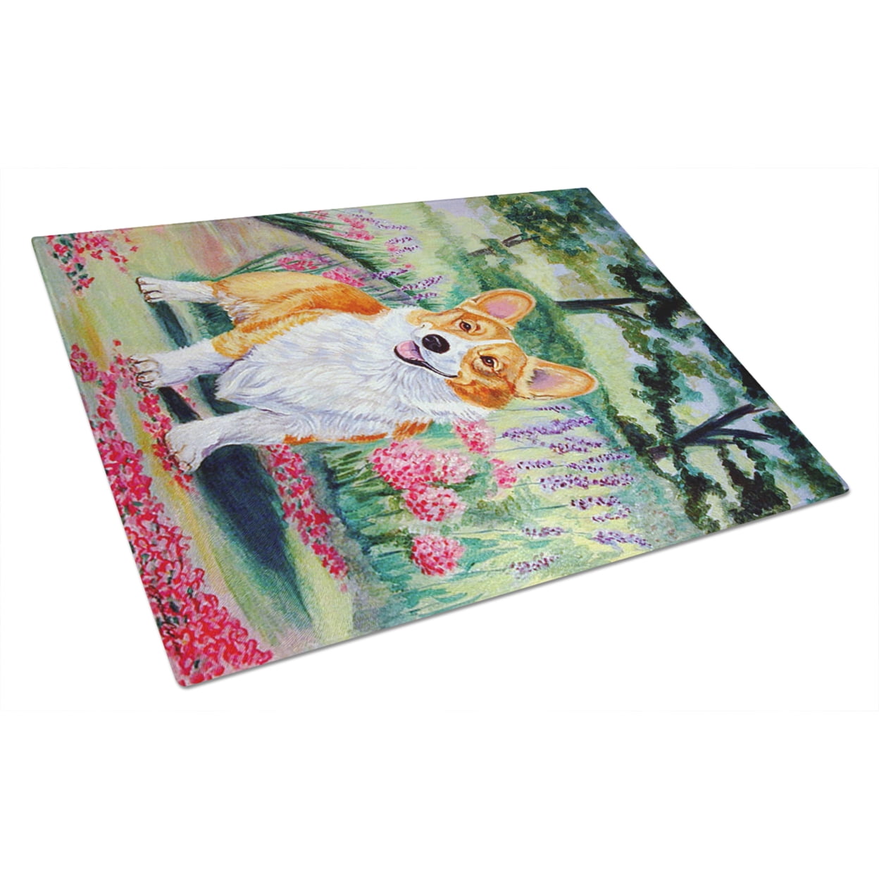 Carolines Treasures 7077LCB Pembroke Corgi Springtime Glass Cutting Board Large 12H x 16W multicolor