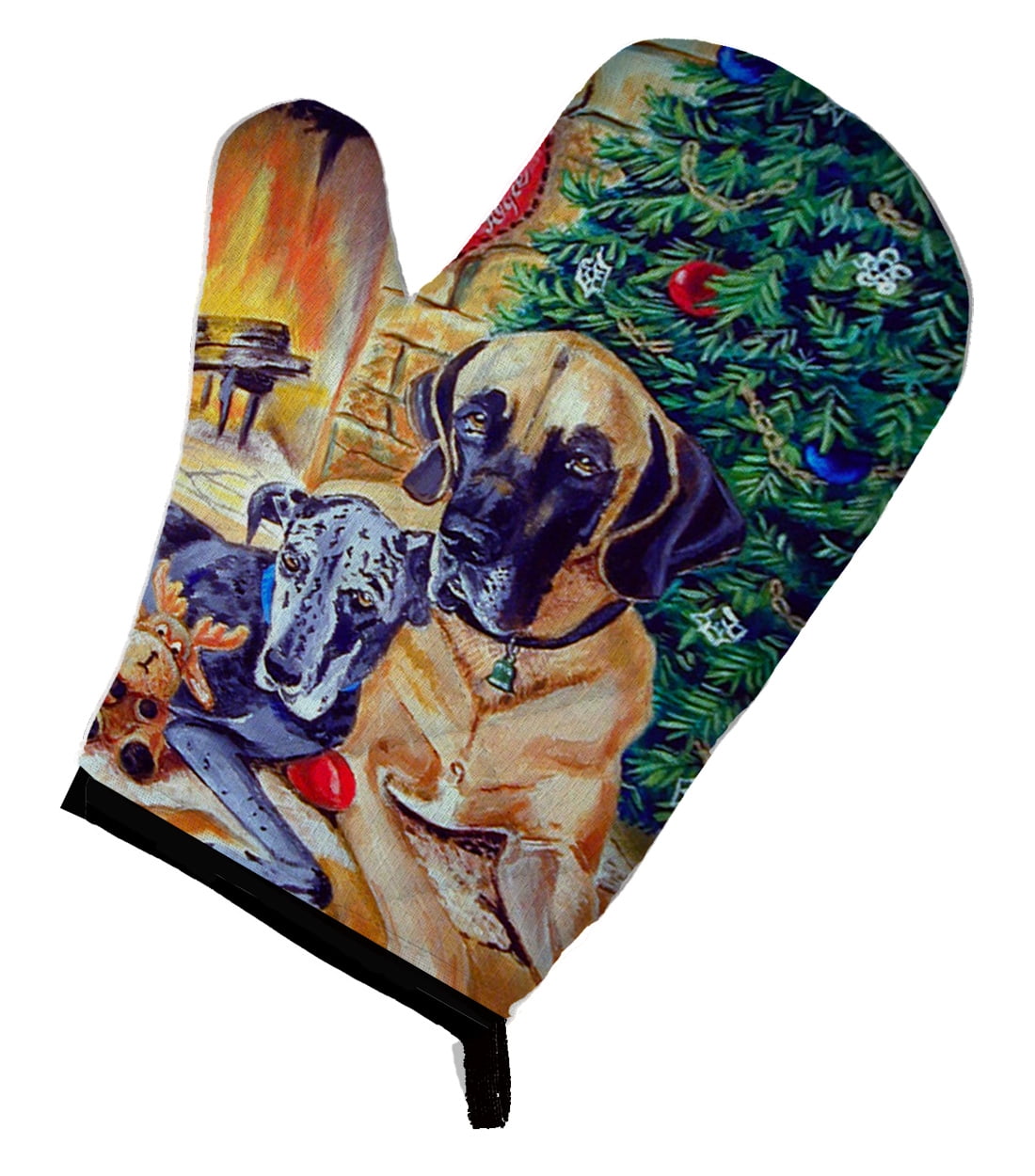Fawn and Blue Great Dane waiting on Christmas Oven Mitt