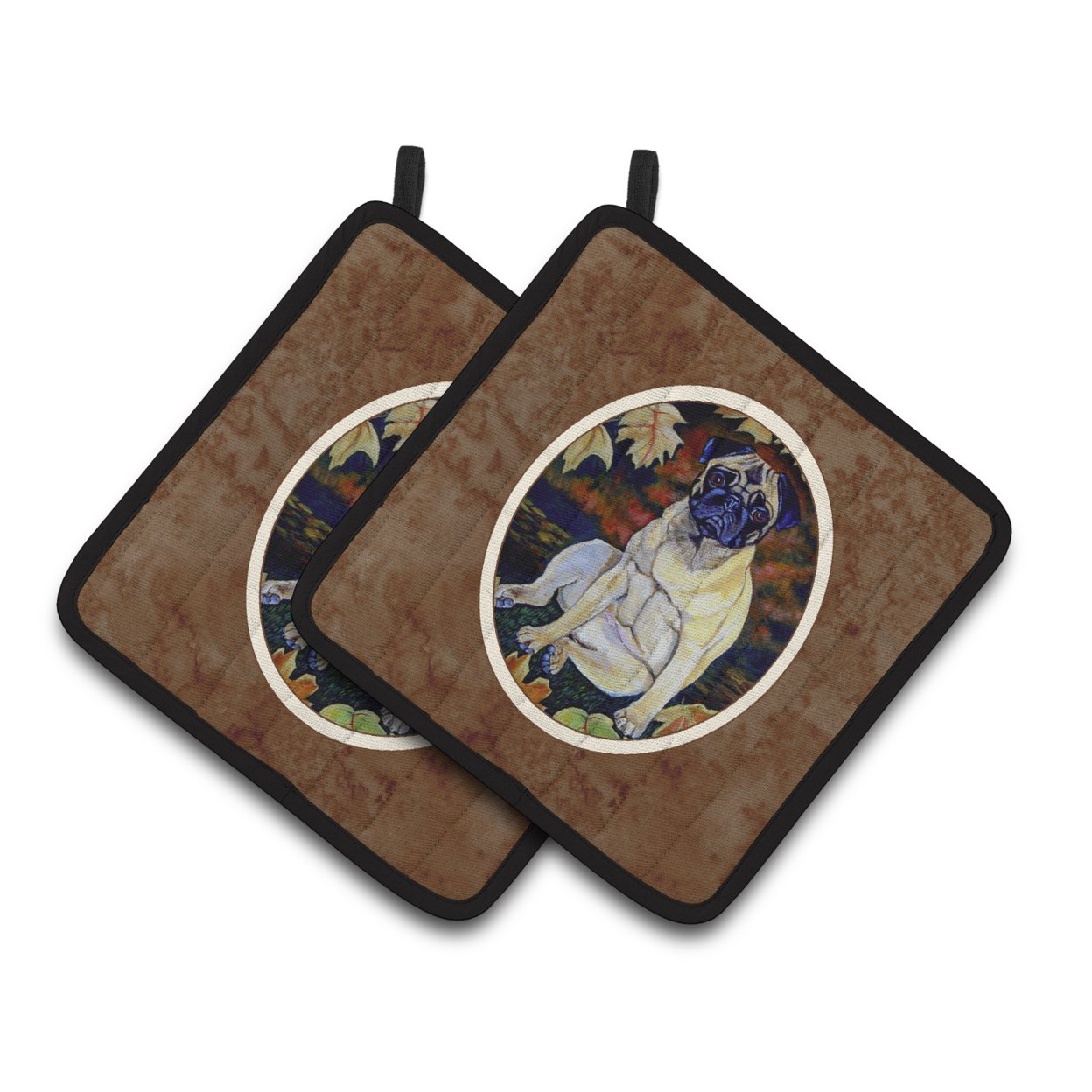 Carolines Treasures 7160PTHD Fawn Pug in Fall Leaves Pair of Pot Holders , 7.5HX7.5W, multicolor