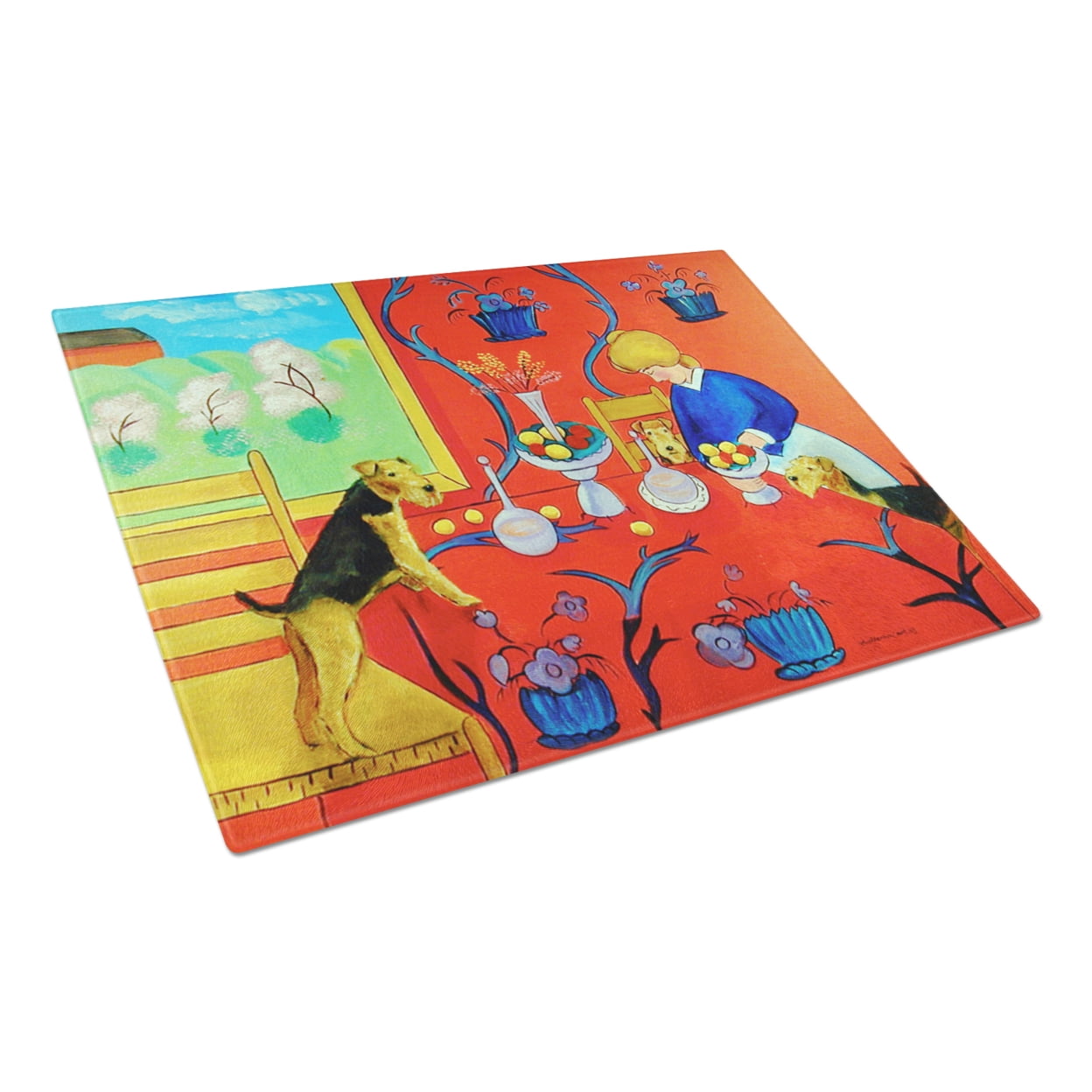 Carolines Treasures 7212LCB Airedale Terrier with lady in the kitchen Glass Cutting Board Large, 12H x 16W, multicolor
