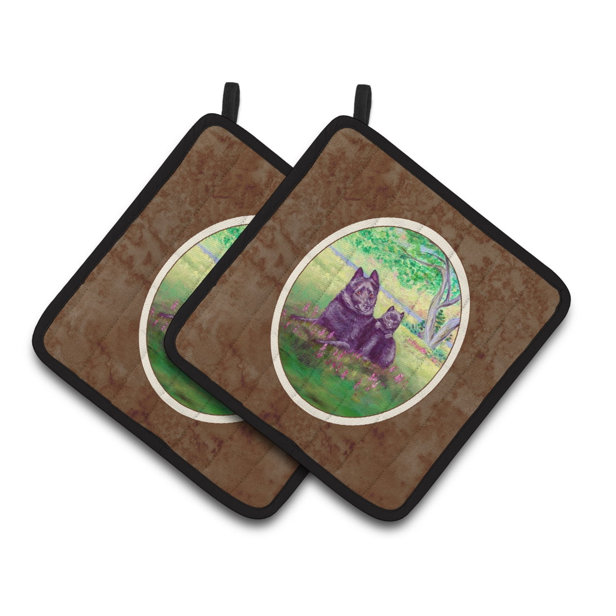 Schipperke and puppy Pair of Pot Holders