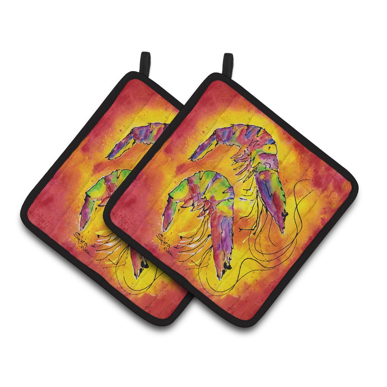 Carolines Treasures 8378PTHD Bright Shrimp on Red Pair of Pot Holders , 7.5HX7.5W, multicolor