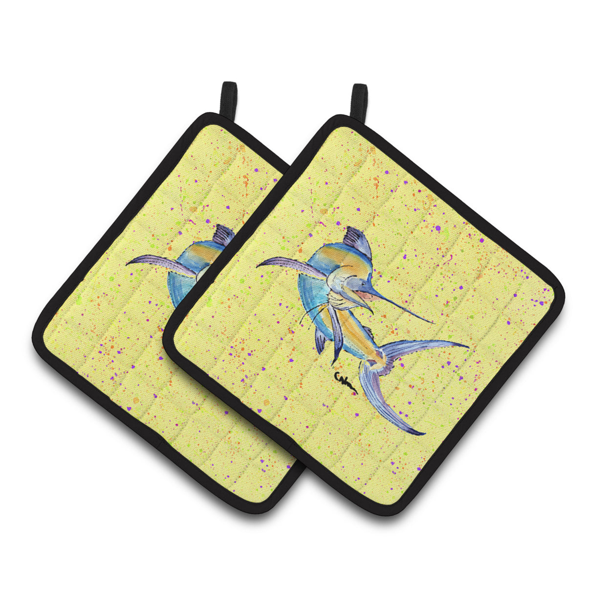 Carolines Treasures 8533PTHD Blue Marlin on Yellow Pair of Pot Holders , 7.5HX7.5W, multicolor