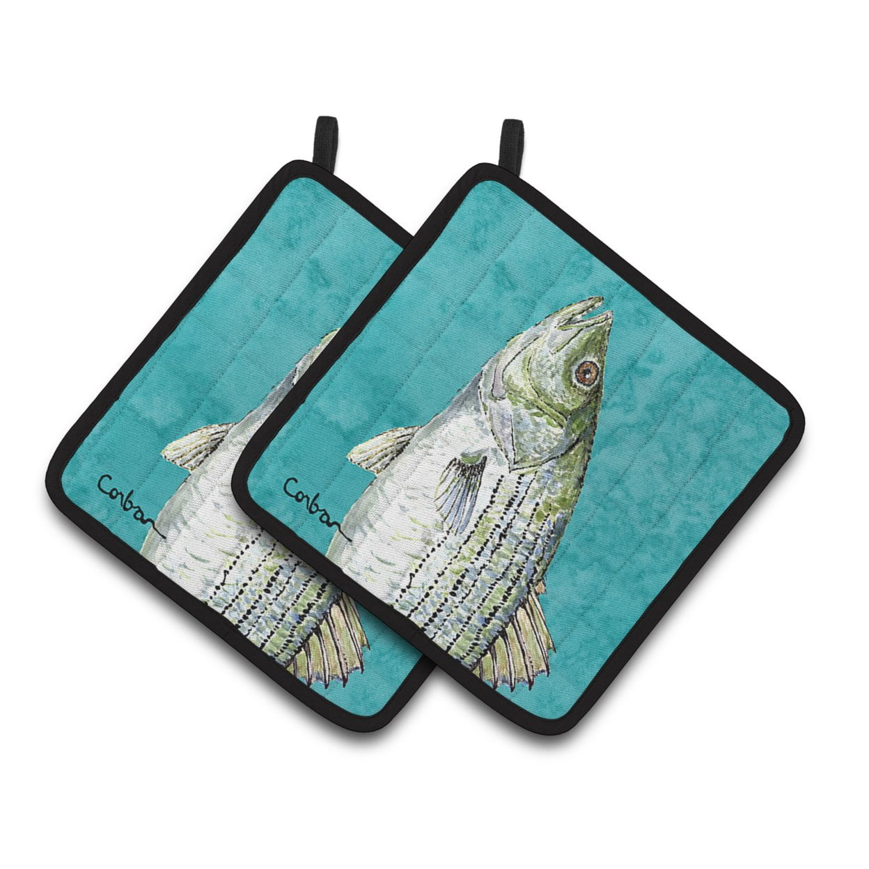 Carolines Treasures 8720PTHD Striped Bass Fish Pair of Pot Holders 7.5HX7.5W multicolor