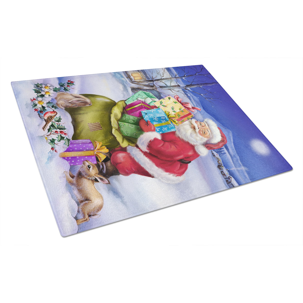 Christmas Santa Claus with Rabbits Glass Cutting Board Large
