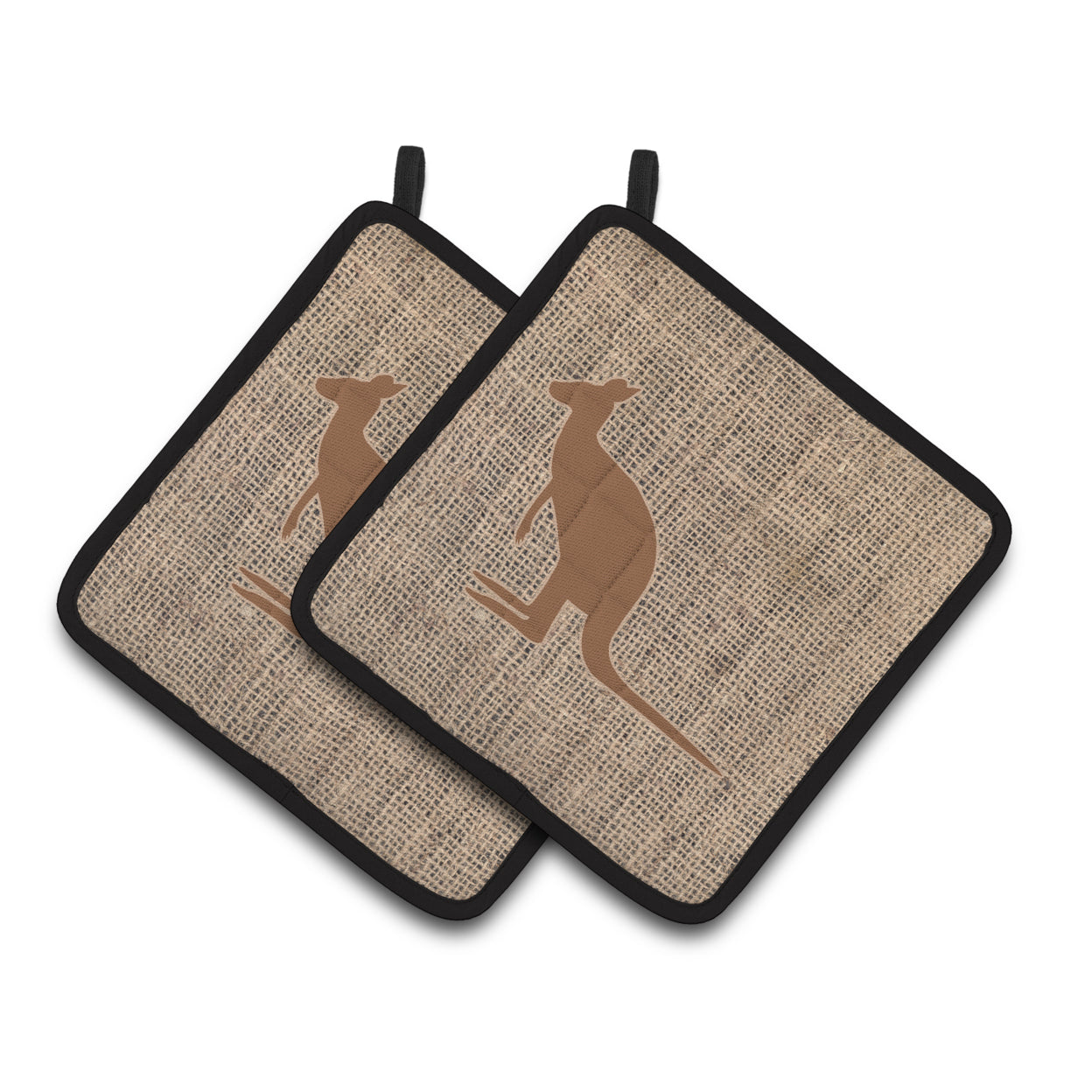 Carolines Treasures BB1008-BL-BN-PTHD Kangaroo Faux Burlap and Brown Pair of Pot Holders , 7.5HX7.5W, multicolor