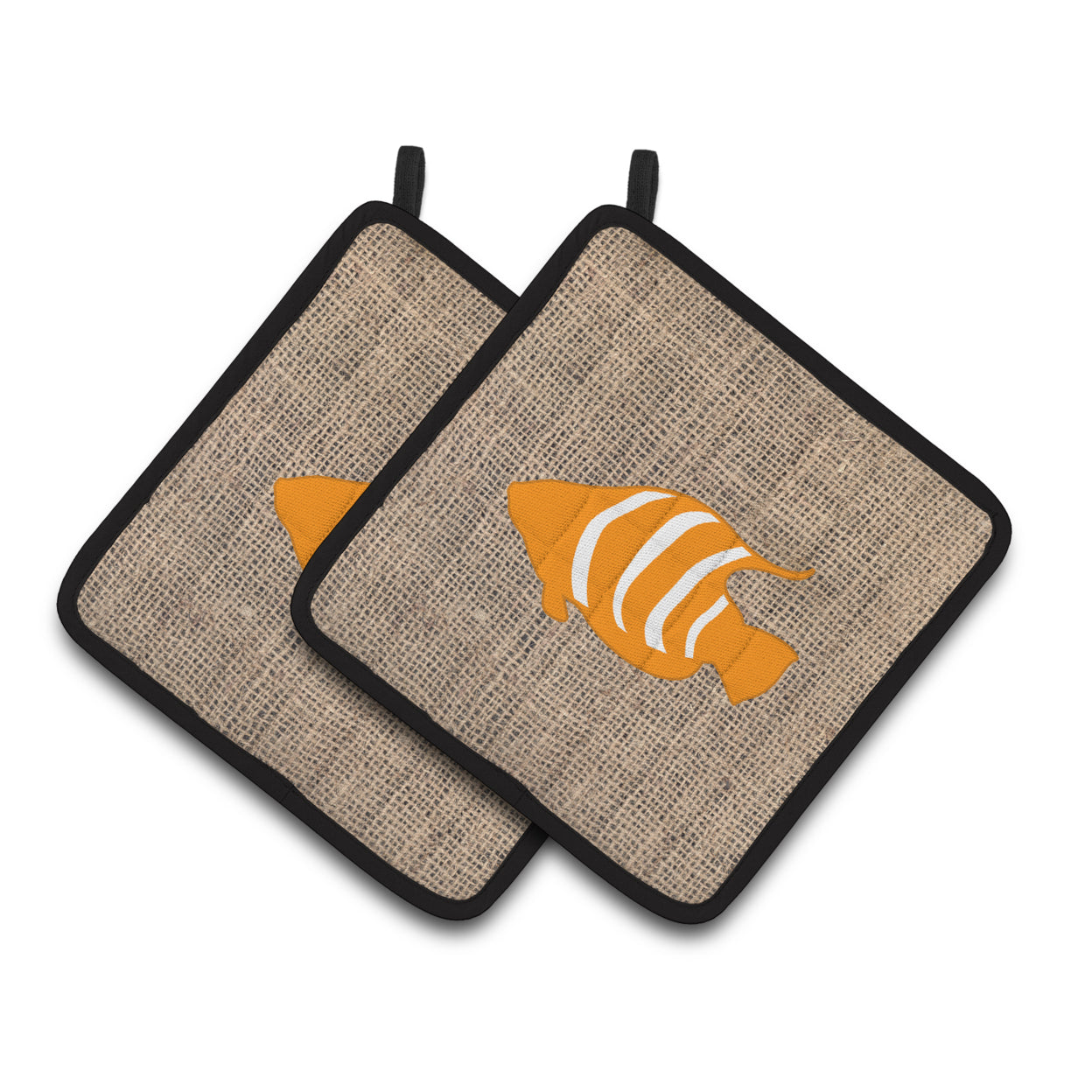 Fish Faux Burlap and Orange Pair of Pot Holders