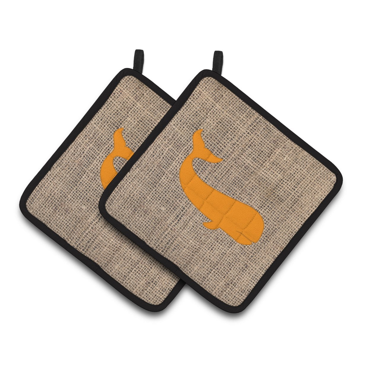Carolines Treasures BB1021-BL-OR-PTHD Whale Faux Burlap and Orange Pair of Pot Holders , 7.5HX7.5W, multicolor