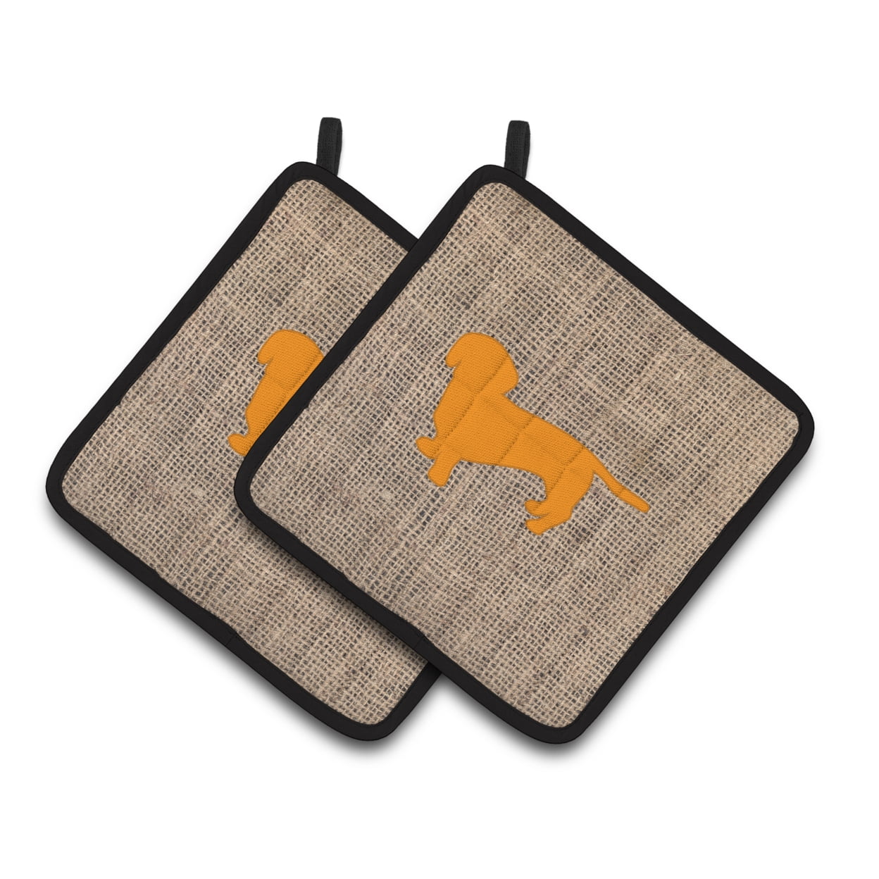 Carolines Treasures BB1088-BL-OR-PTHD Dachshund Faux Burlap and Orange Pair of Pot Holders 7.5HX7.5W multicolor