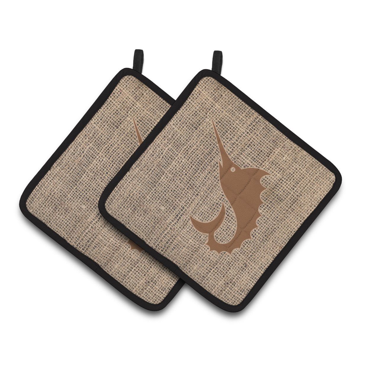 Carolines Treasures BB1097-BL-BN-PTHD Fish - Sword Fish Faux Burlap and Brown Pair of Pot Holders , 7.5HX7.5W,