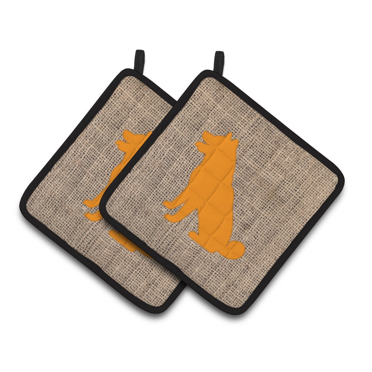 Carolines Treasures BB1113-BL-OR-PTHD Shiba Inu Faux Burlap and Orange Pair of Pot Holders , 7.5HX7.5W, multicolor