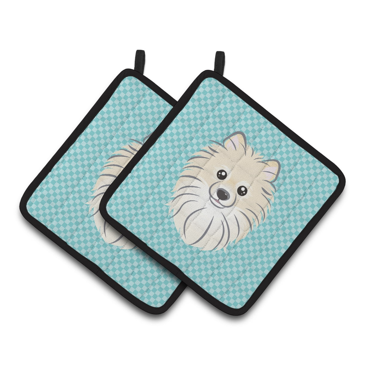 Carolines Treasures BB1145PTHD Checkerboard Blue Pomeranian Pair of Pot Holders , 7.5HX7.5W, multicolor