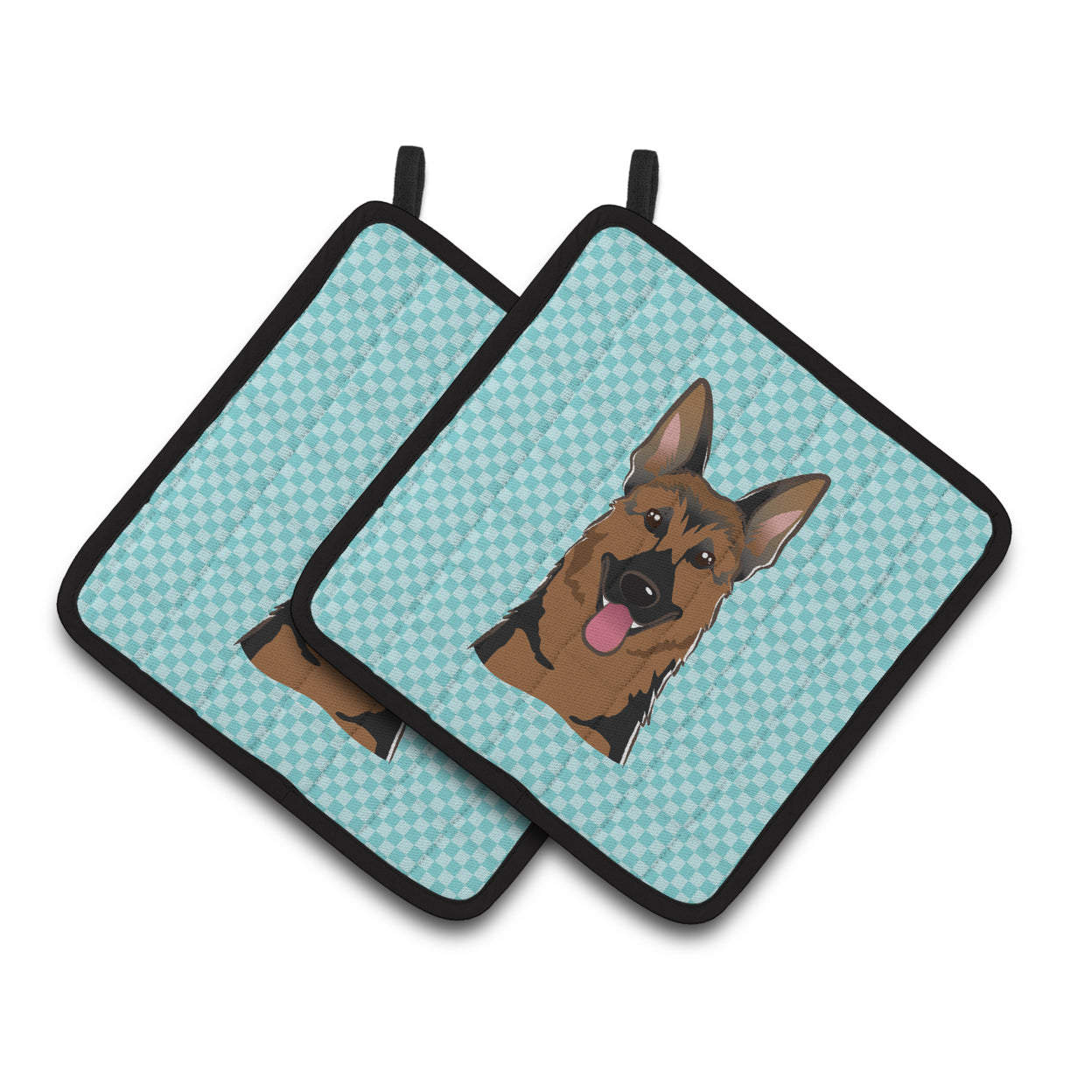 Checkerboard Blue German Shepherd Pair of Pot Holders