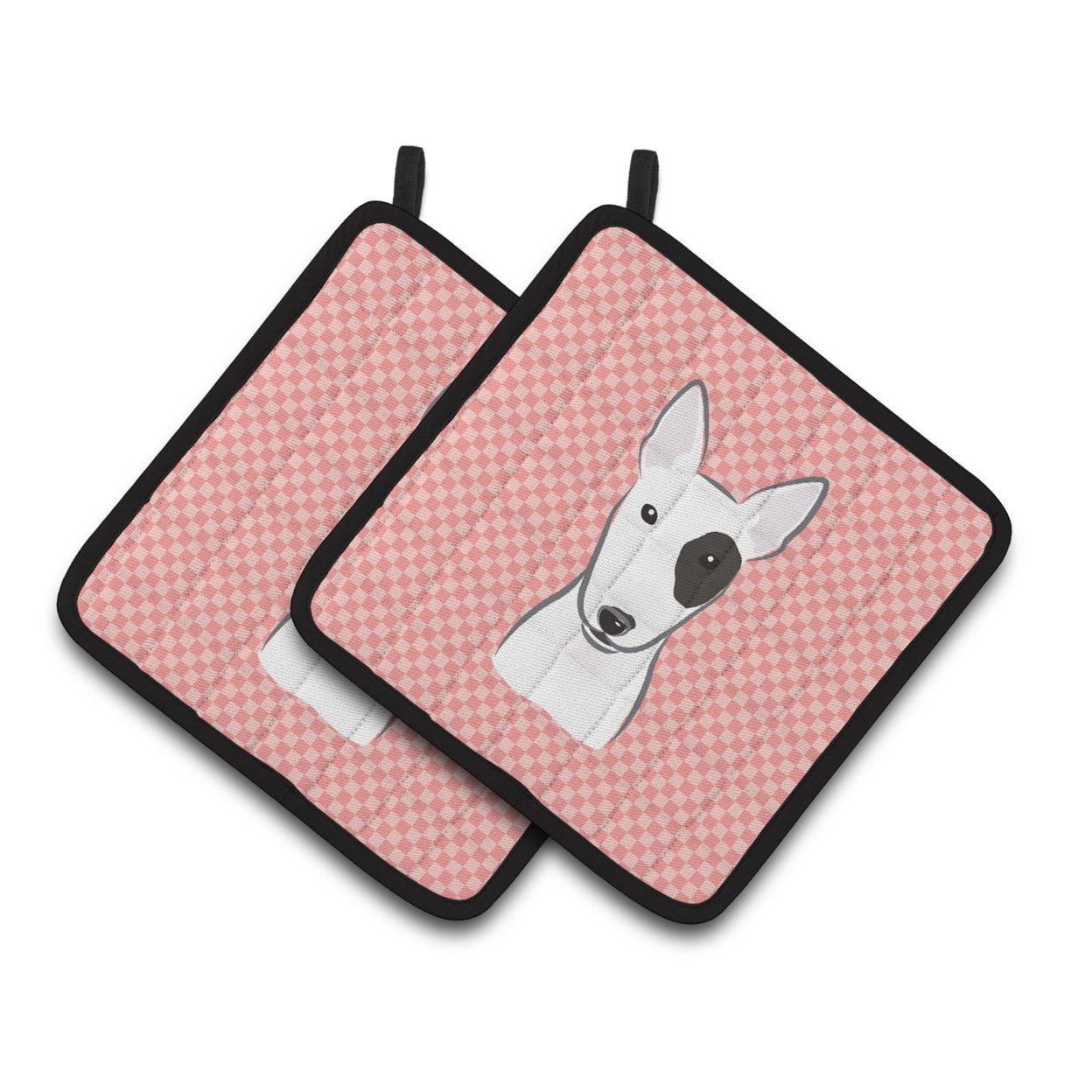 Carolines Treasures BB1209PTHD Checkerboard Pink Bull Terrier Pair of Pot Holders , 7.5HX7.5W, multicolor