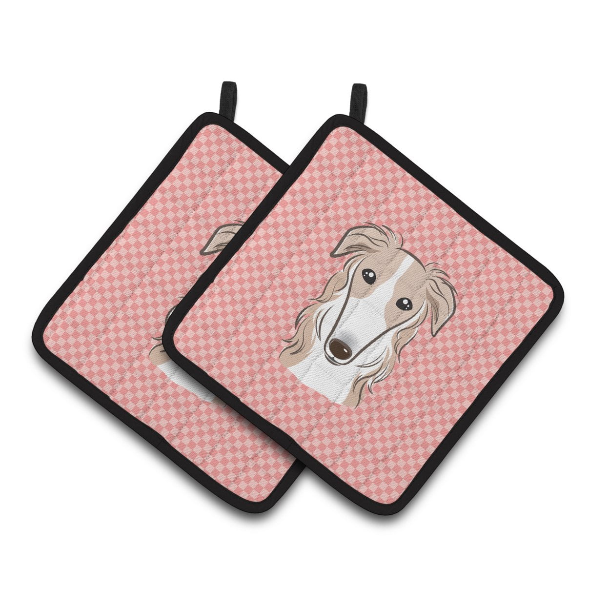 Carolines Treasures BB1228PTHD Checkerboard Pink Borzoi Pair of Pot Holders , 7.5HX7.5W, multicolor