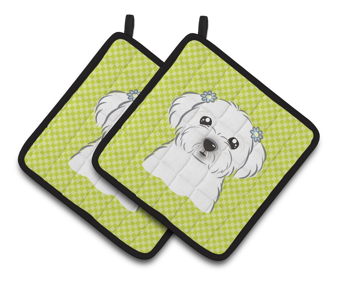 Carolines Treasures BB1270PTHD Checkerboard Lime Green Maltese Pair of Pot Holders , 7.5HX7.5W, multicolor
