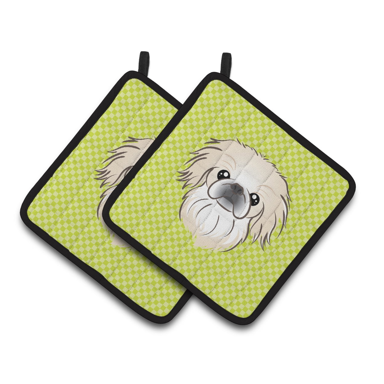 Checkerboard Lime Green Pekingese Pair of Pot Holders