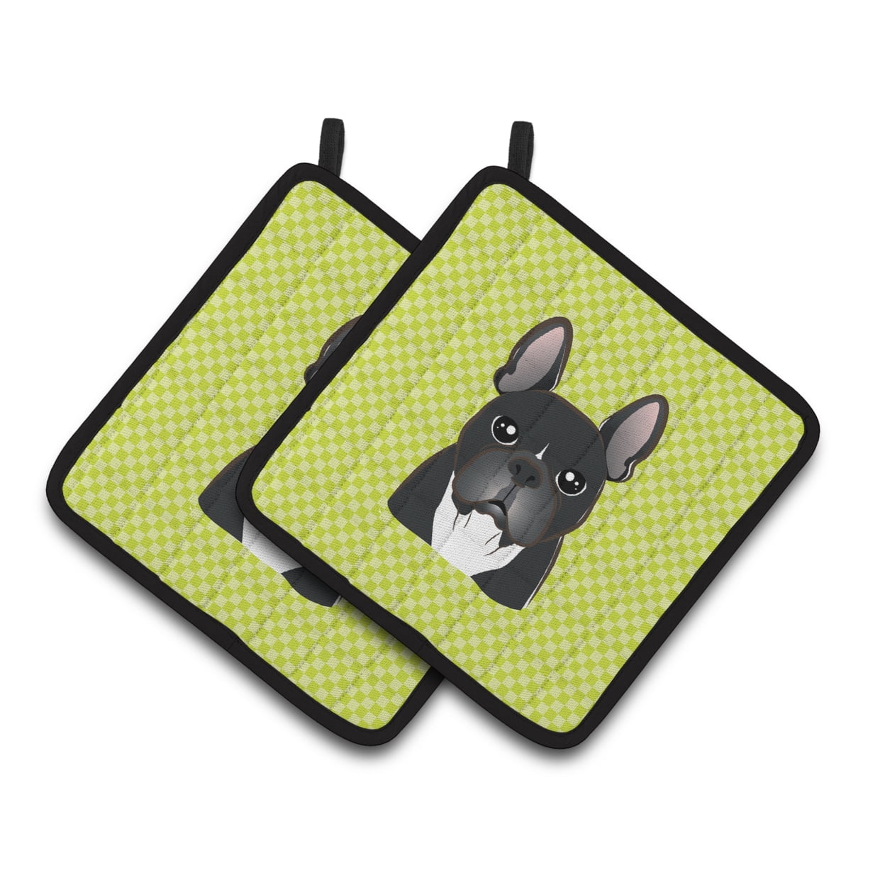 Carolines Treasures BB1289PTHD Checkerboard Lime Green French Bulldog Pair of Pot Holders , 7.5HX7.5W, multicolor