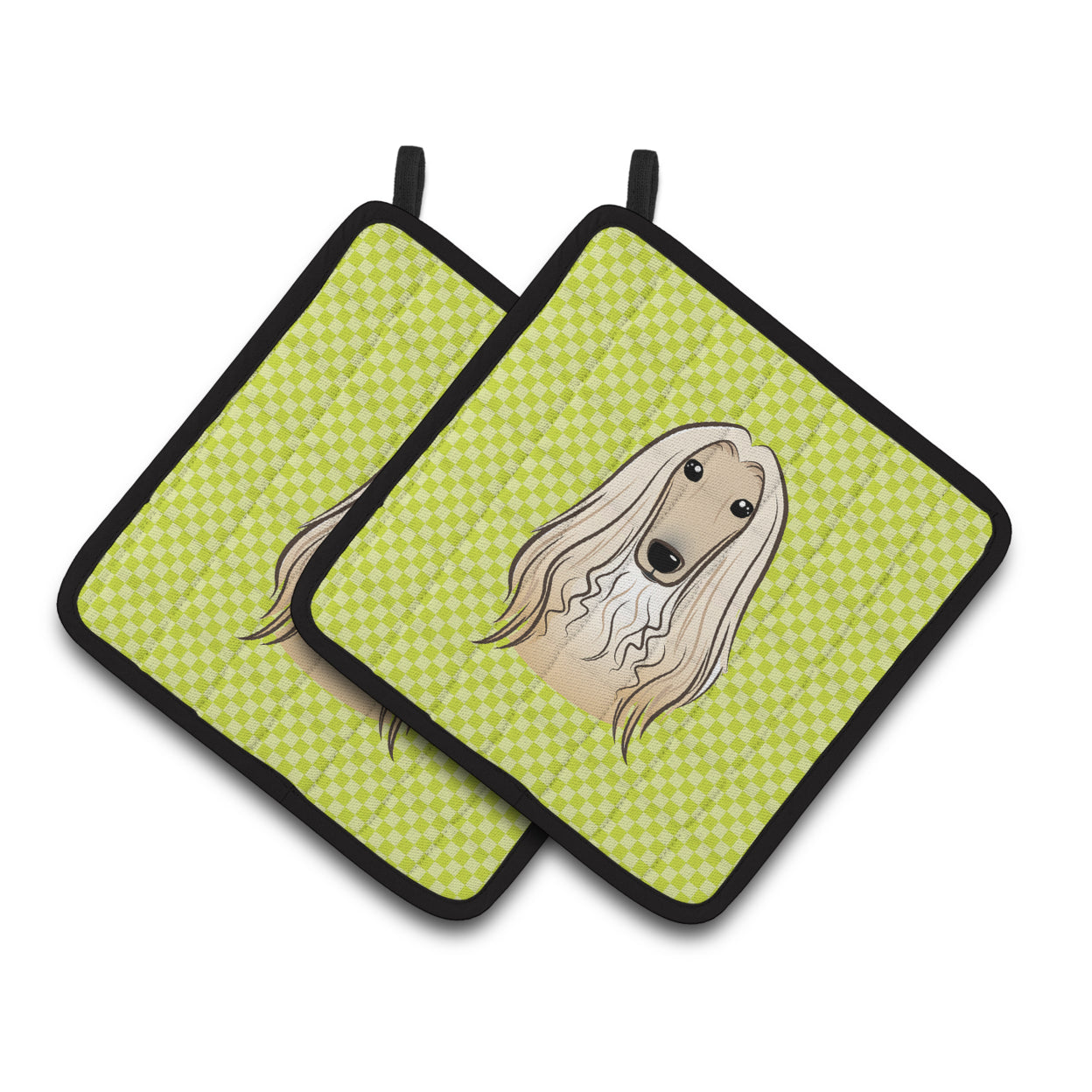 Carolines Treasures BB1306PTHD Checkerboard Lime Green Afghan Hound Pair of Pot Holders , 7.5HX7.5W, multicolor
